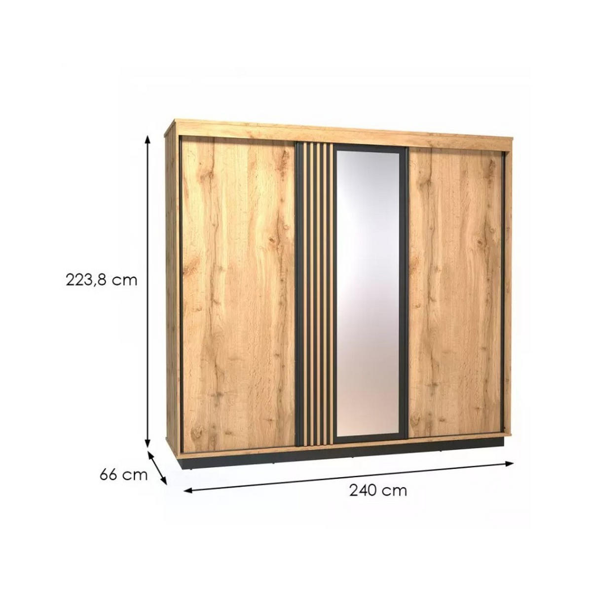 SCHWEBETÜRENSCHRANK KIMA 240/223,8/66cm 3-türig mit Spiegel Eiche Wotan - Eiche Wotan, Holzwerkstoff (240/223.8/66cm) - MASSENO