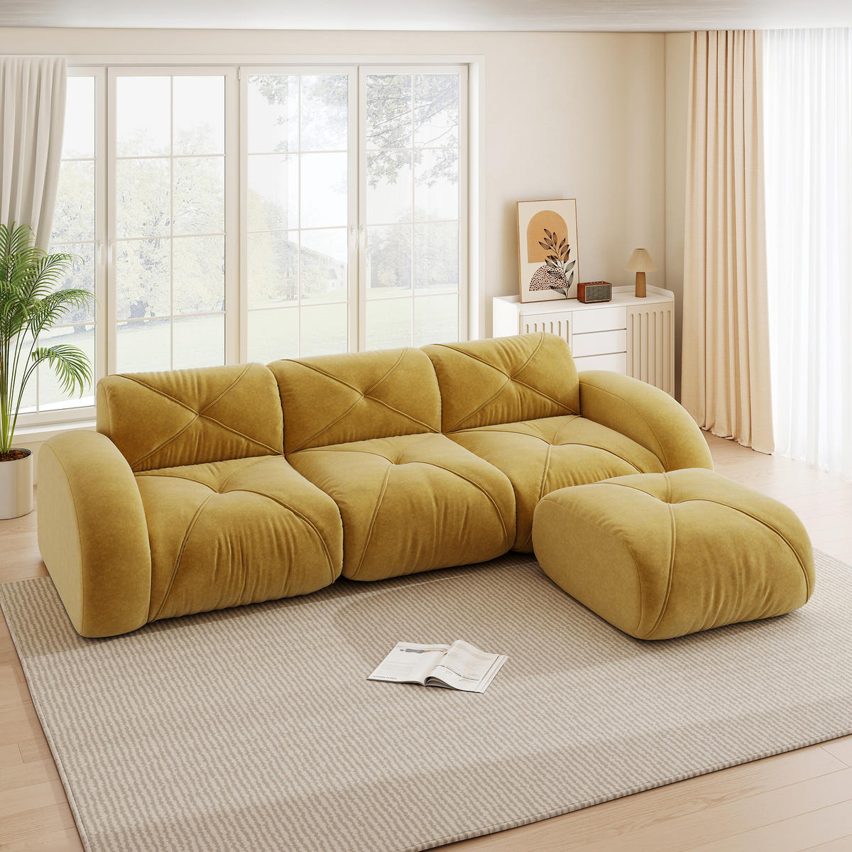 3-SITZER ECKSOFA Chenille Gelb mit Hocker - Gelb, Textil (281/171cm) - WISHDOR