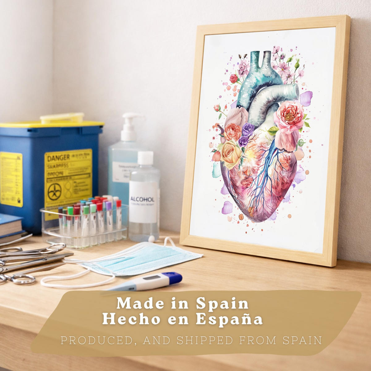 POSTER Set aus 2 Anatomie Mensch Drucke und Wandbilder mit Herz und Atmungssystem Floraler Stil Wanddekoration Größe Leichter Holzrahmen A3 - Beige, Papier (29.7/42/3cm) - Nacnic