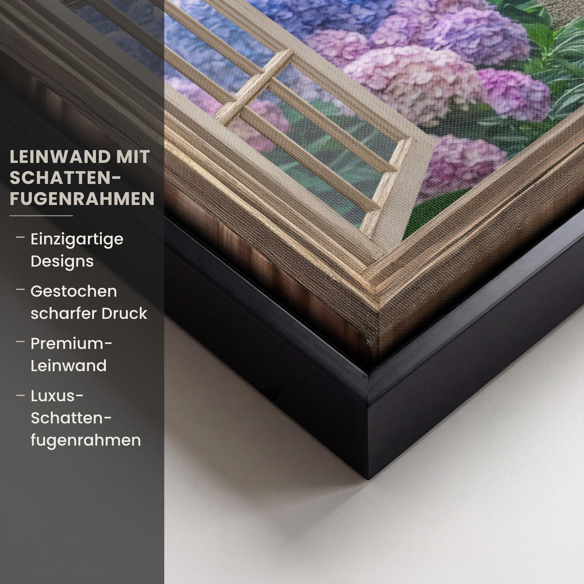 LEINWAND Bilder mit Rahmen - Aussicht - Garten - Fenster - Hortensie - Blumen - 40x30 - Pastellblau, Textil (40/30cm) - MuchoWow
