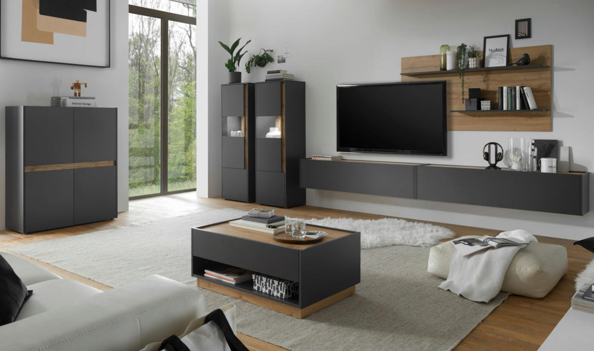 TV-LOWBOARD hängend grau matt, Eiche Wotan 150 cm, TV-Unterteil Hängeschrank - Eiche Wotan/Grau, Holzwerkstoff/Metall (150/35/30cm) - Furn.Design