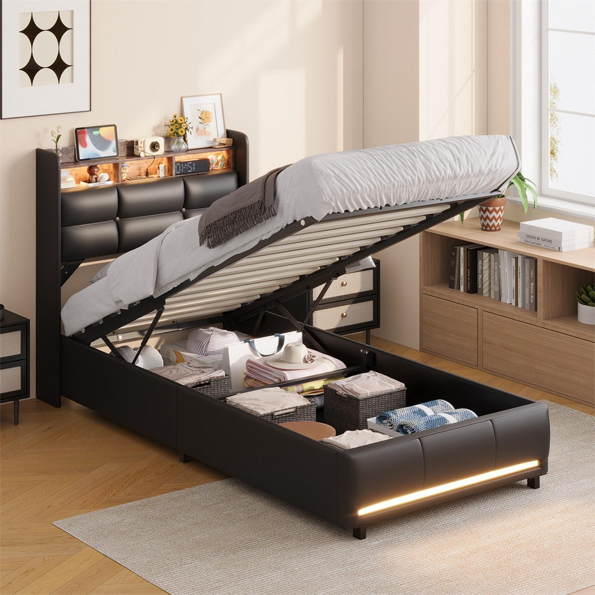 POLSTERBETT 90x200 cm mit hydraulischem Stauraum - mit Stauraum Kopfteil und LED-Beleuchtung - Schwarz - Schwarz, Textil (90/200cm) - DELFA