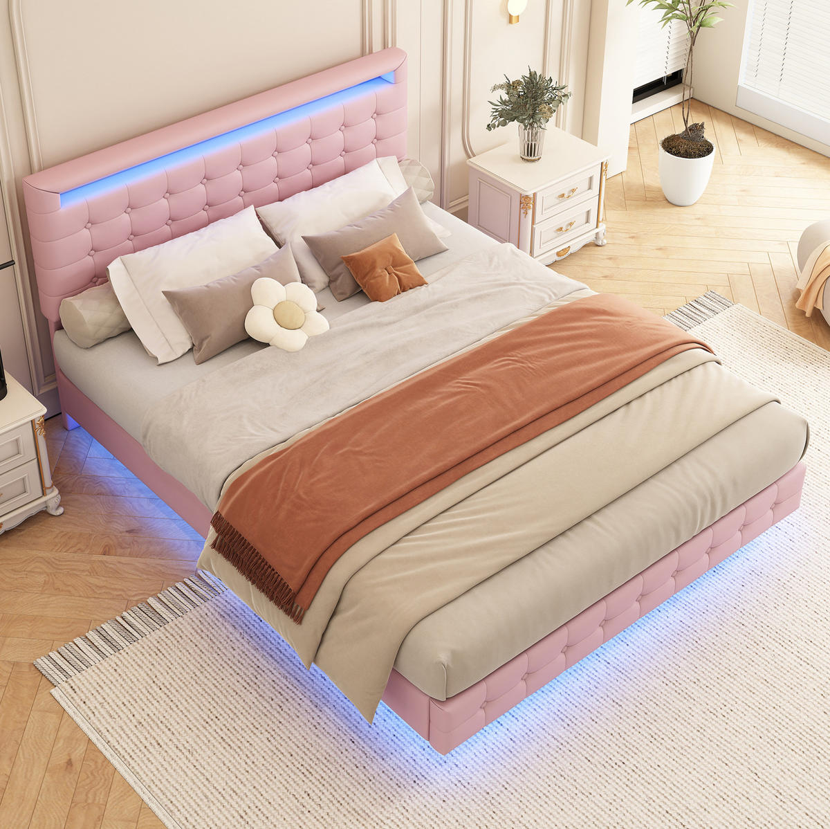BETT mit LED-Beleuchtung 140x200 cm PU Pink - Pink, Metall (140/200cm) - Meubliv