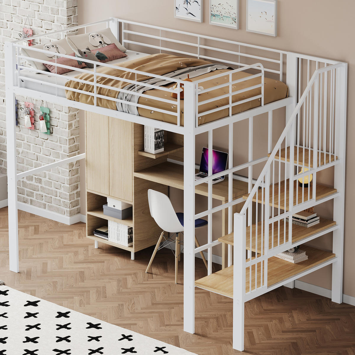HOCHBETT 140/200 cm in Weiß aus Metall mit Treppe und Stauraum - Weiß, Metall (140/200cm) - Flora Grace