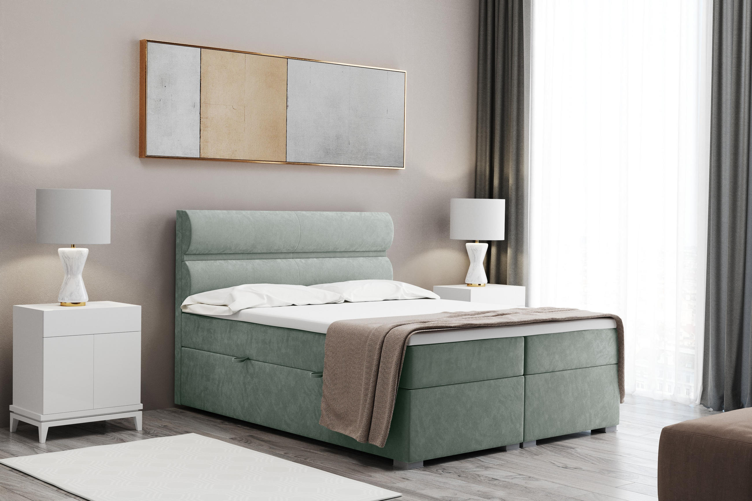 BOXBETT Mit Bettkasten, Matratze Und Topper VERA Stoff Riviera 120x200 cm Mintz H3-Bonell - Mintgrün, Holz/Textil (120/200cm) - Kaiser Möbel