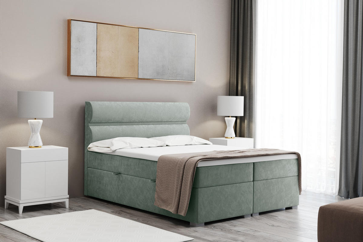 BOXBETT Mit Bettkasten, Matratze Und Topper VERA Stoff Riviera 160x200 cm Mintz H3-Bonell - Mintgrün, Holz/Textil (160/200cm) - Kaiser Möbel