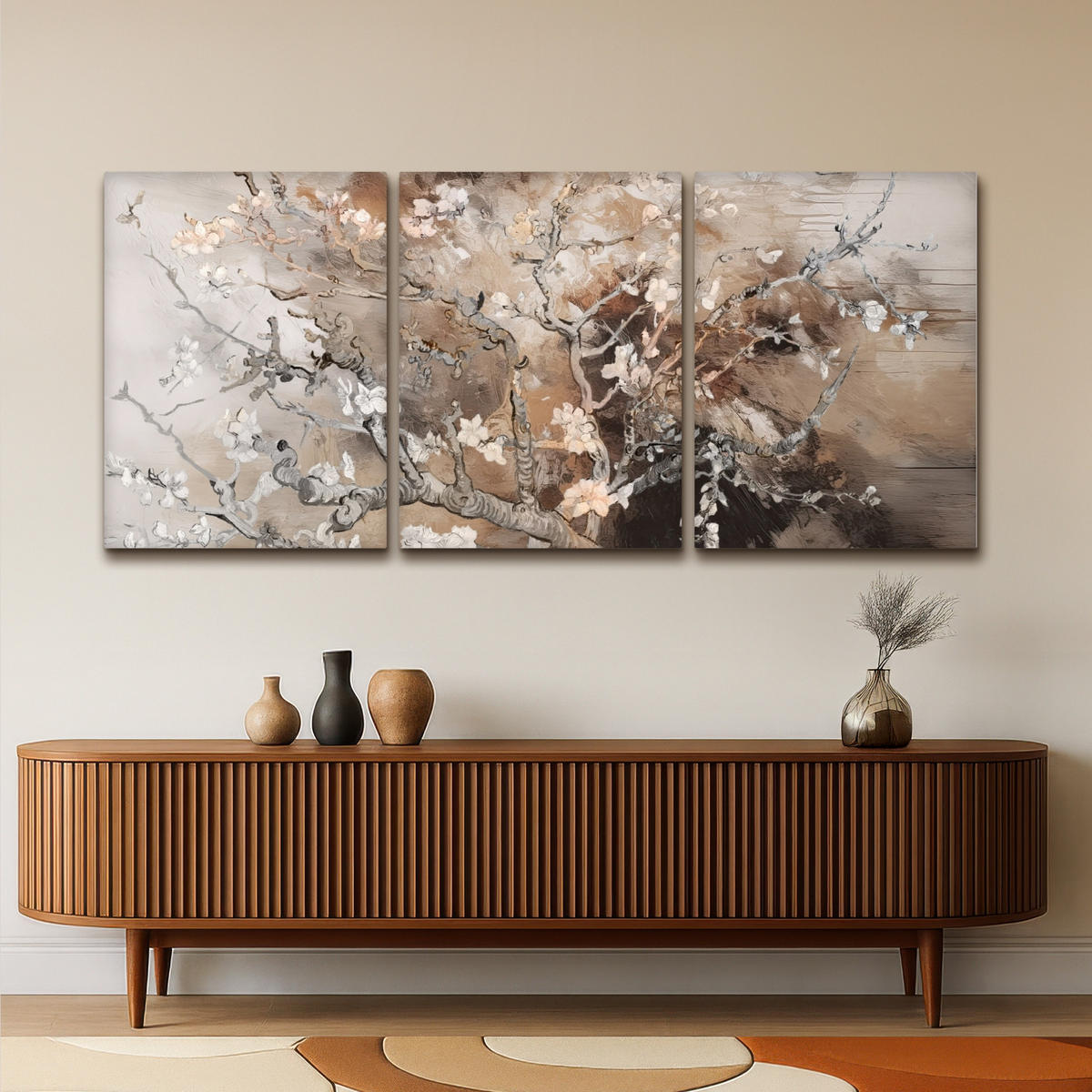 LEINWANDBILD 3er Set Mandelblüte - Abstrakt - Beige 180x80 cm - Beige, Textil (180/80cm) - MuchoWow