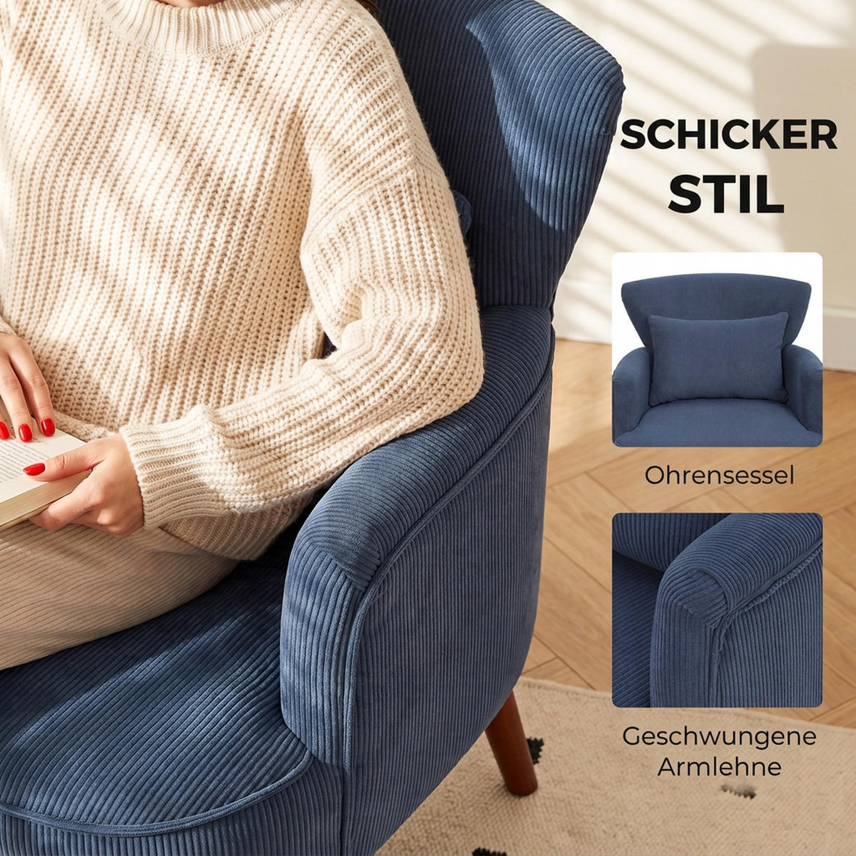 SESSEL Loungesessel mit Armlehnen, Relaxsessel mit Kissen Cordoptik Blau - Blau/Braun, Textil (69/78/69.5cm) - HOMCOM