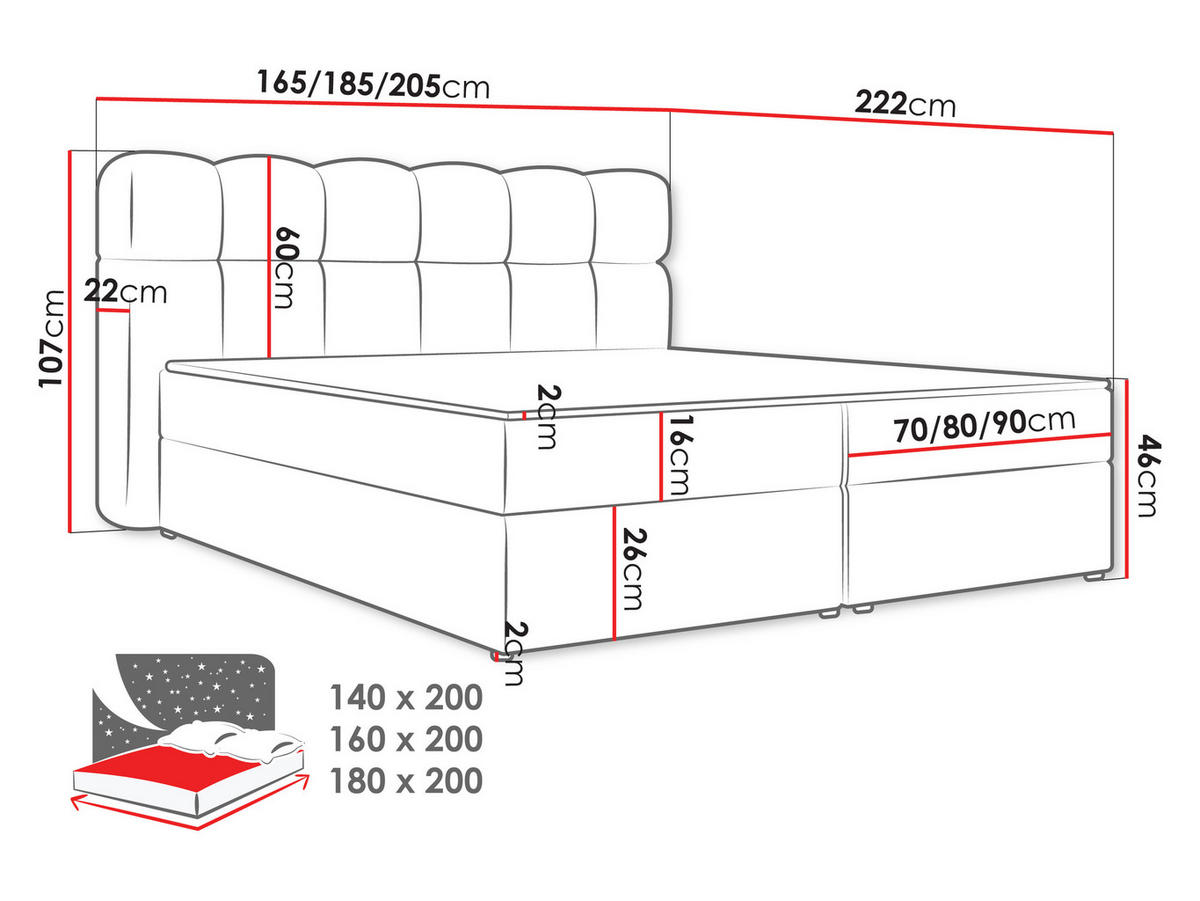 BOXBETT Softi 2 Boucle - H3 - Beige/Schwarz, Holz/Holzwerkstoff (140/200cm) - MIRJAN24