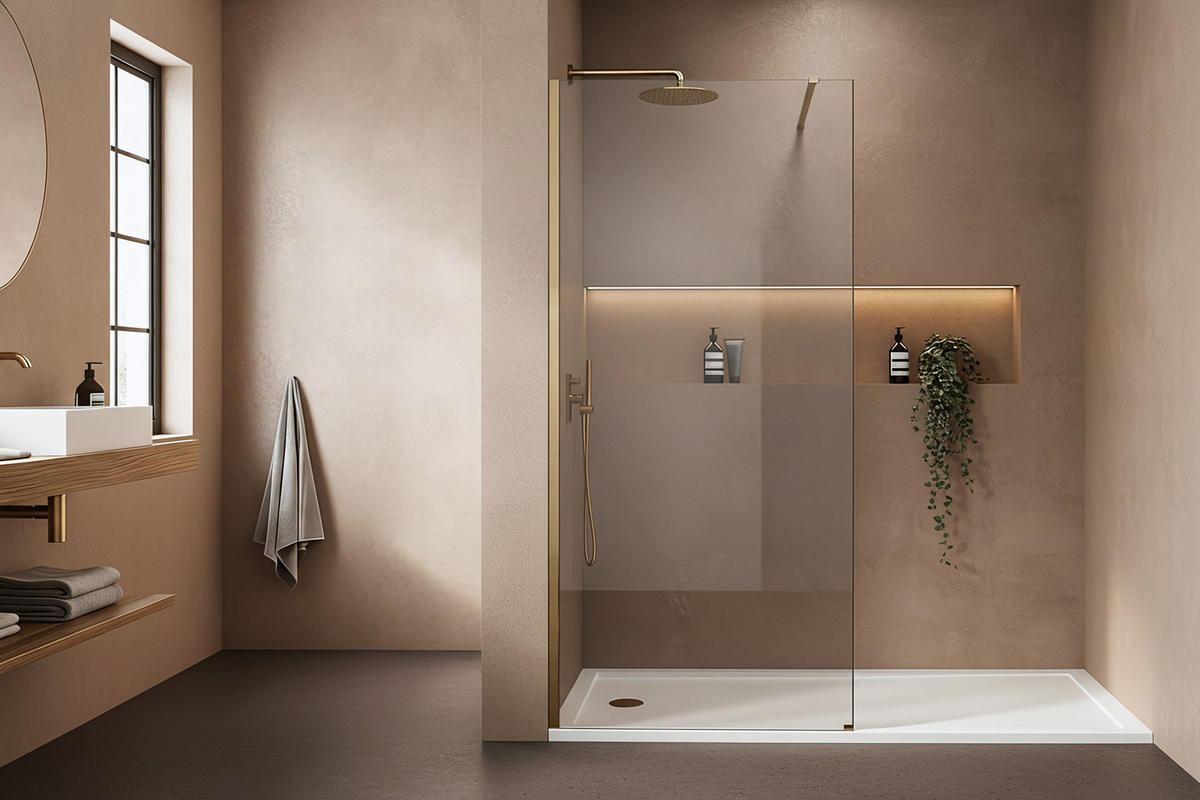 DUSCHWAND Rea Flexi Transparent / Brush Gold 140 - Goldfarben, Glas (120/140/195cm) - REA