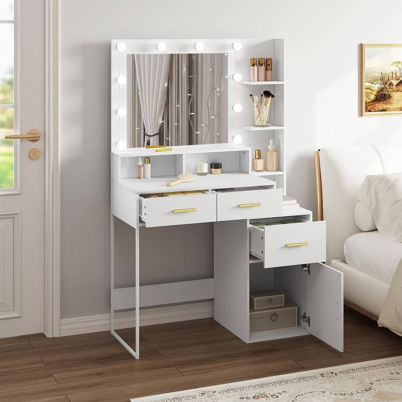 SCHMINKTISCH mit LED, Spiegel, 3 einstellbare Helligkeiten, Weiß - Goldfarben/Weiß, Holzwerkstoff (90/143/39.5cm) - Woltu