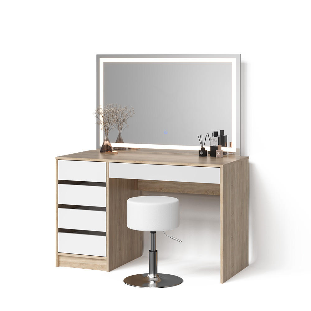 SCHMINKTISCH Imola Weiß/Sonoma mit LED-Spiegel und Hocker - Weiß/Sonoma Eiche, Holzwerkstoff (120/75/55cm) - Livinity®