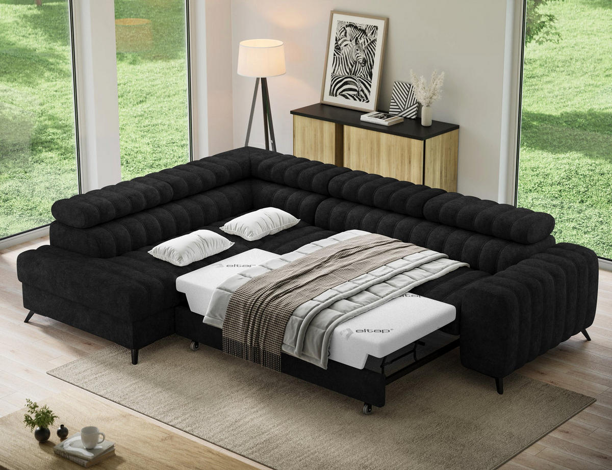 KANEDO Ecksofa mit Schlaffunktion und Bettkasten – Modernes Designsofa, verstellbare Kopfstützen, Metallfüße - Schwarz, Kunststoff (269/86cm) - Wohnideebilder