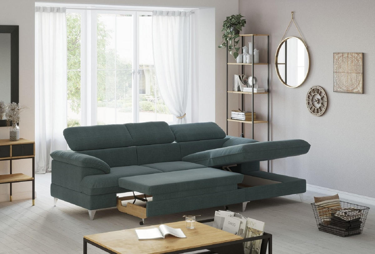 ECKSOFA mit Schlaffunktion und Bettkasten, verstellbare Kopfstützen - Chromfarben/Anthrazit, Textil/Metall (167/254cm) - Cotta
