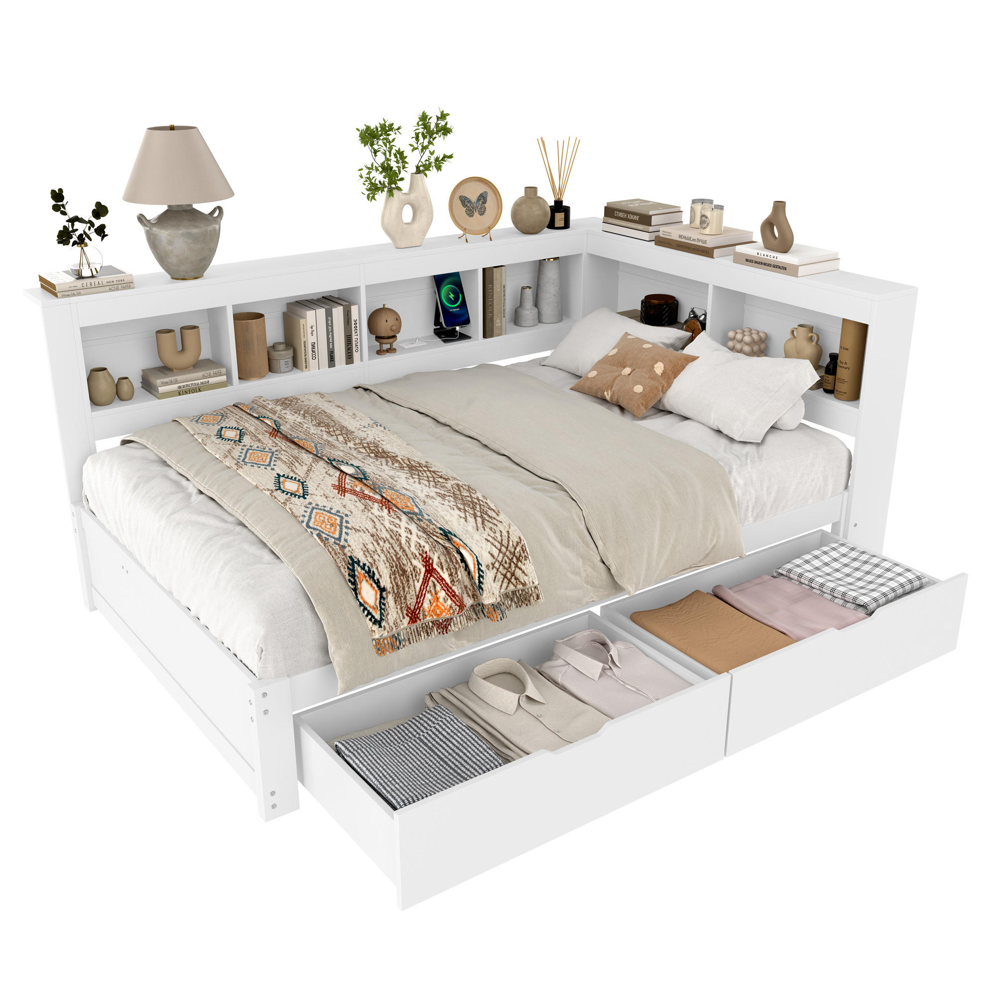 Modfu DENNÍ postel z borovice a MDF 140x200 cm bílá se 2 zásuvkami, policemi, zásuvkou a 2 USB porty