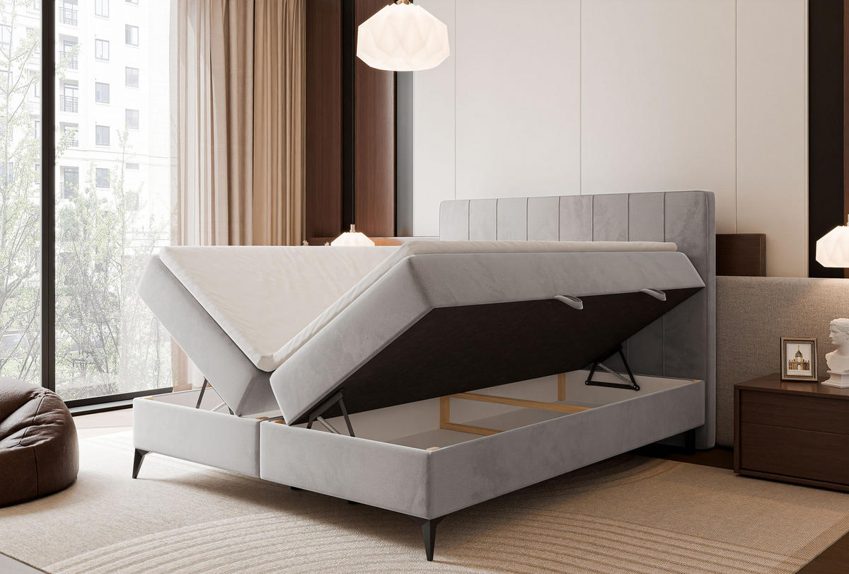 BOXBETT VERA 120x200 cm mit Matratze und Topper, Dichter wasserabweisender Samt Hellgrau - Hellgrau, Textil (120/200cm) - Idohome