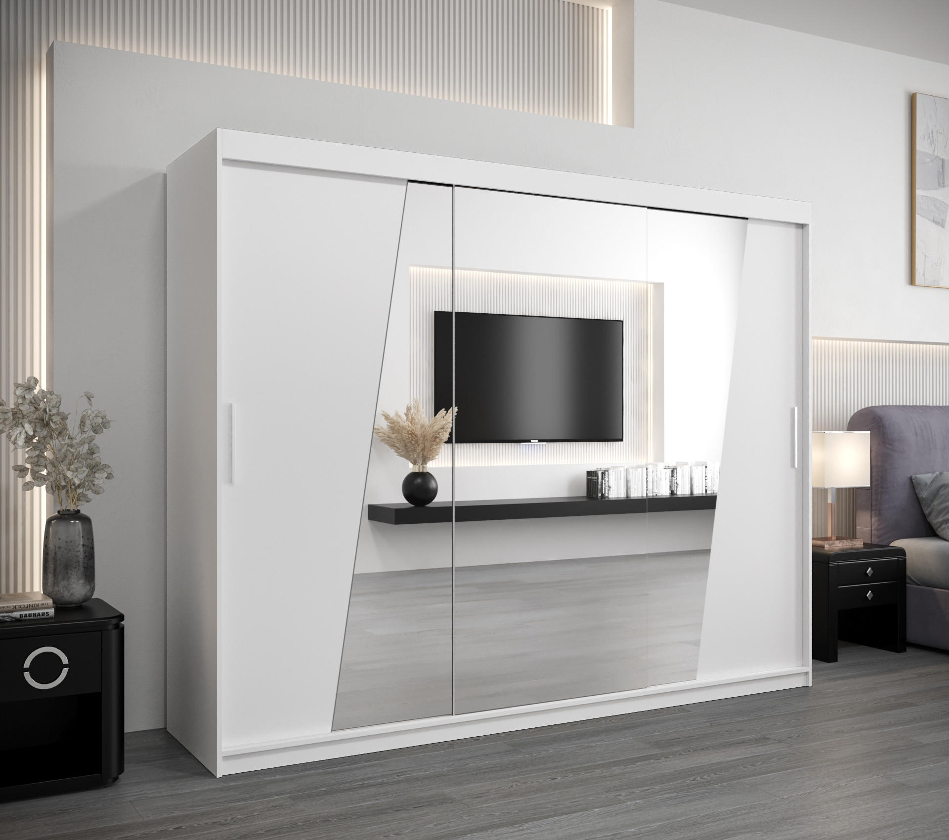 SCHWEBETÜRENSCHRANK 200/250/62 3-türig - Silberfarben/Weiß, Holz/Kunststoff (250/200/62cm) - Abiks Möbel