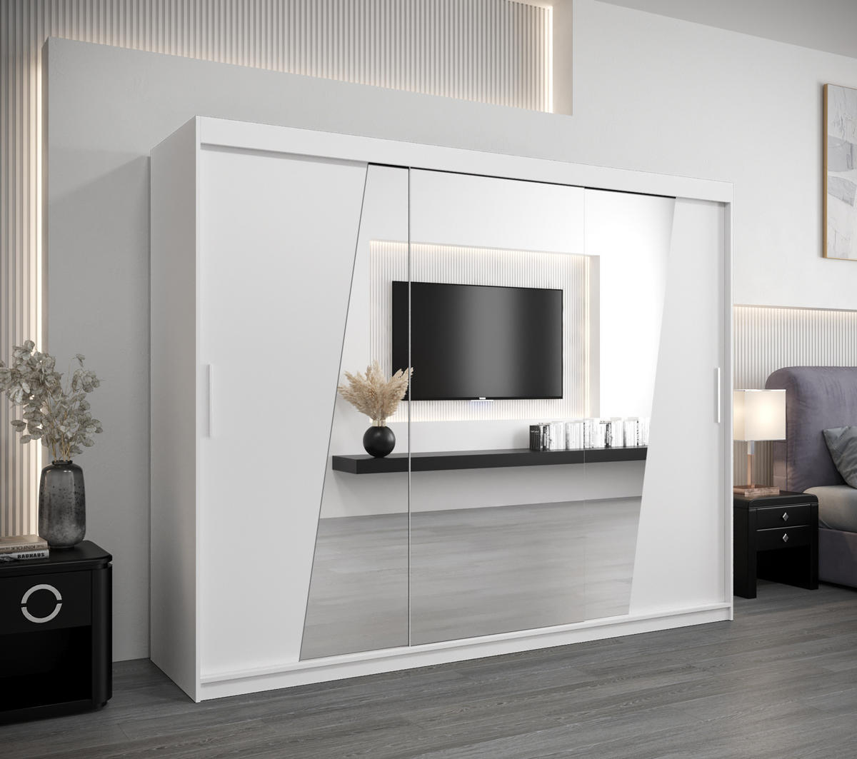 SCHWEBETÜRENSCHRANK 200/250/62 3-türig - Silberfarben/Weiß, Holz/Kunststoff (250/200/62cm) - Abiks Möbel