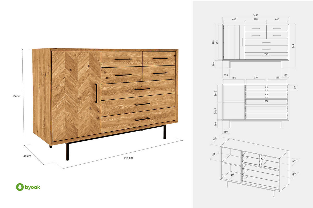 KOMMODE BREIT LEON Kernbuche - Kernbuche, Holz (144/95/45cm) - byoak