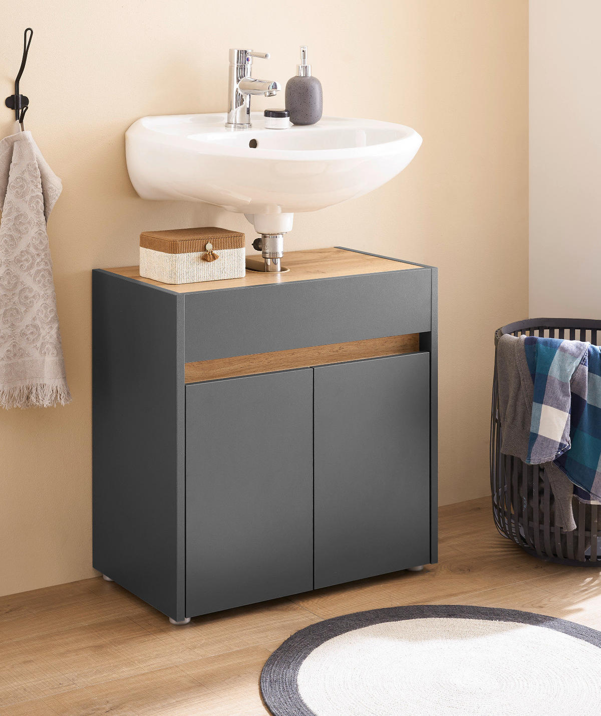 WASCHBECKENUNTERSCHRANK grau matt, Wotan Eiche, Badezimmer Unterschrank 60 cm - Eiche Wotan/Schwarz, Holzwerkstoff/Kunststoff (60/62/34cm) - Furn.Design