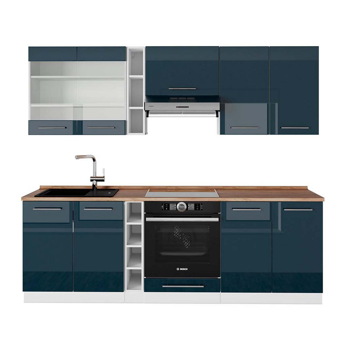 KÜCHENZEILE Fame-Line Dunkelblau Hochglanz/Weiß 235 cm, AP Eiche - Dunkelblau/Weiß, Holzwerkstoff (235/81.6/60cm) - Vicco