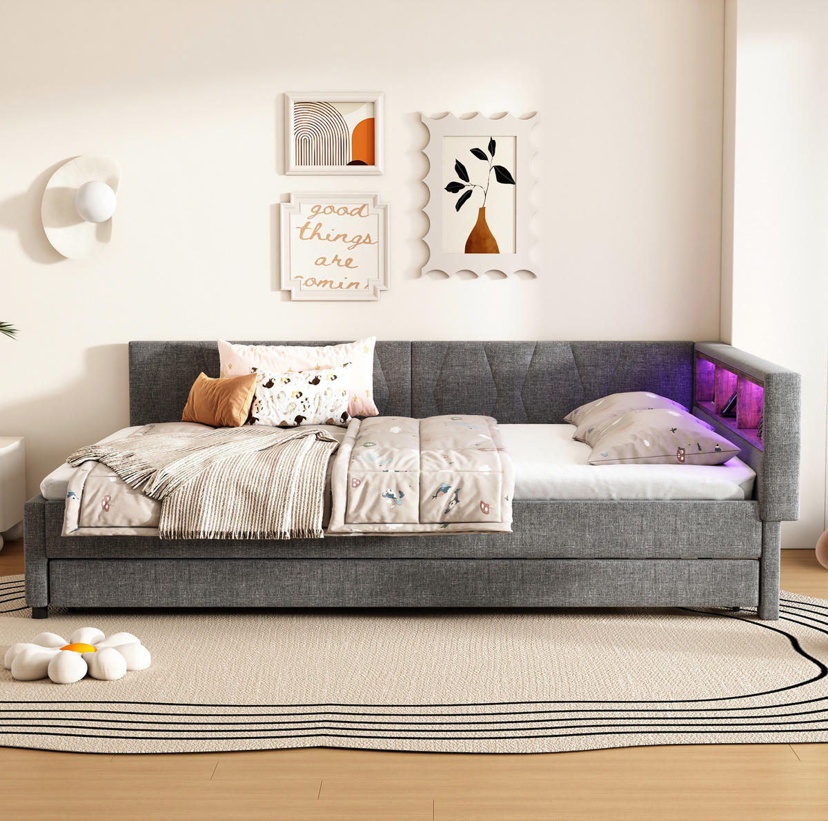 POLSTERBETT aus Leinen 140x200 cm in Grau mit LED-Beleuchtung & USB-C - Grau, Textil (140/200cm) - Modfu