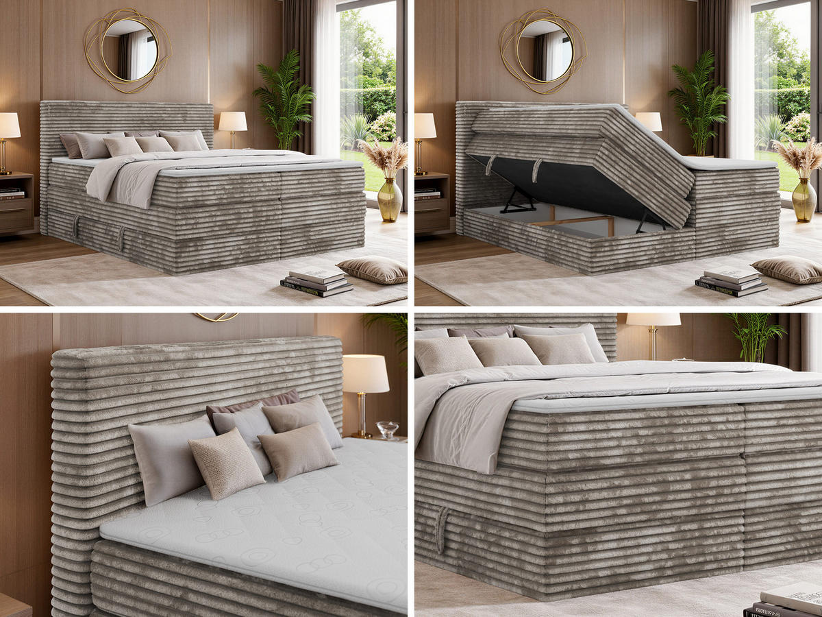 BOXSPRINGBETT TILION KING 160/200 - Hellbraun Cord - Topper Visco - H4 - Hellbraun/Schwarz, Kunststoff/Textil (160/200cm) - MKS