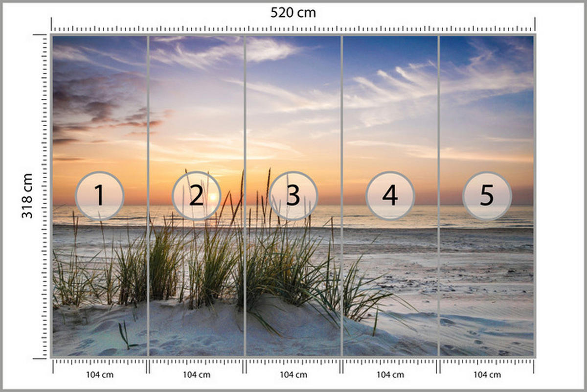 FOTOTAPETE Meer STRAND Dünen Sonnenuntergang Landschaft 3D 520x318cm - Blau/Beige, Papier (520/318cm) - Muralo