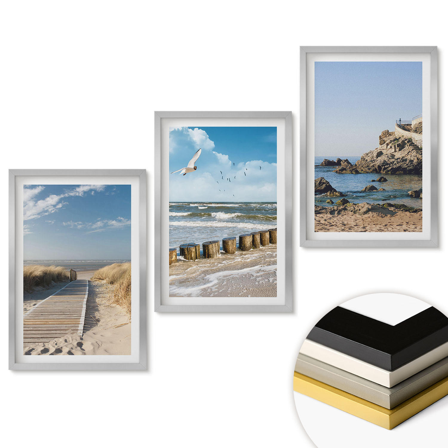 WANDBILDER 3er Set - 40x60 cm Silberner Rahmen - Strand Holzsteg Klippen - Silberfarben, Kunststoff (40/60cm) - ArtPrintCave