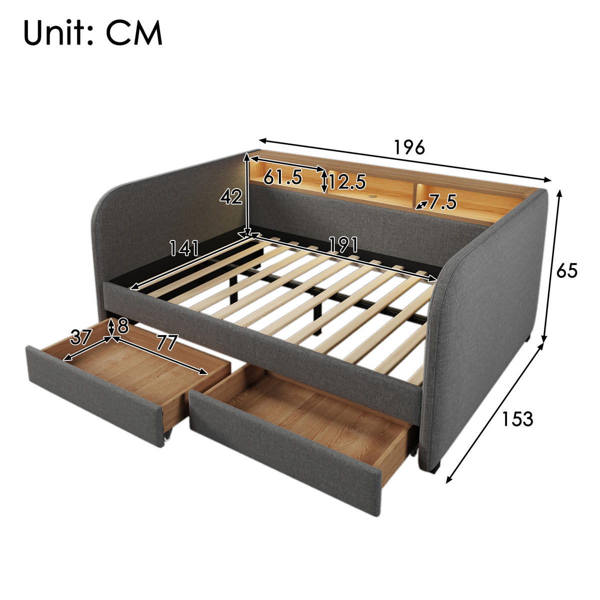 TAGESBETT 140/190 cm DE-00618, in Grau, LED und 2 Schubladen - Grau, Metall (140/190cm) - ComfortXL