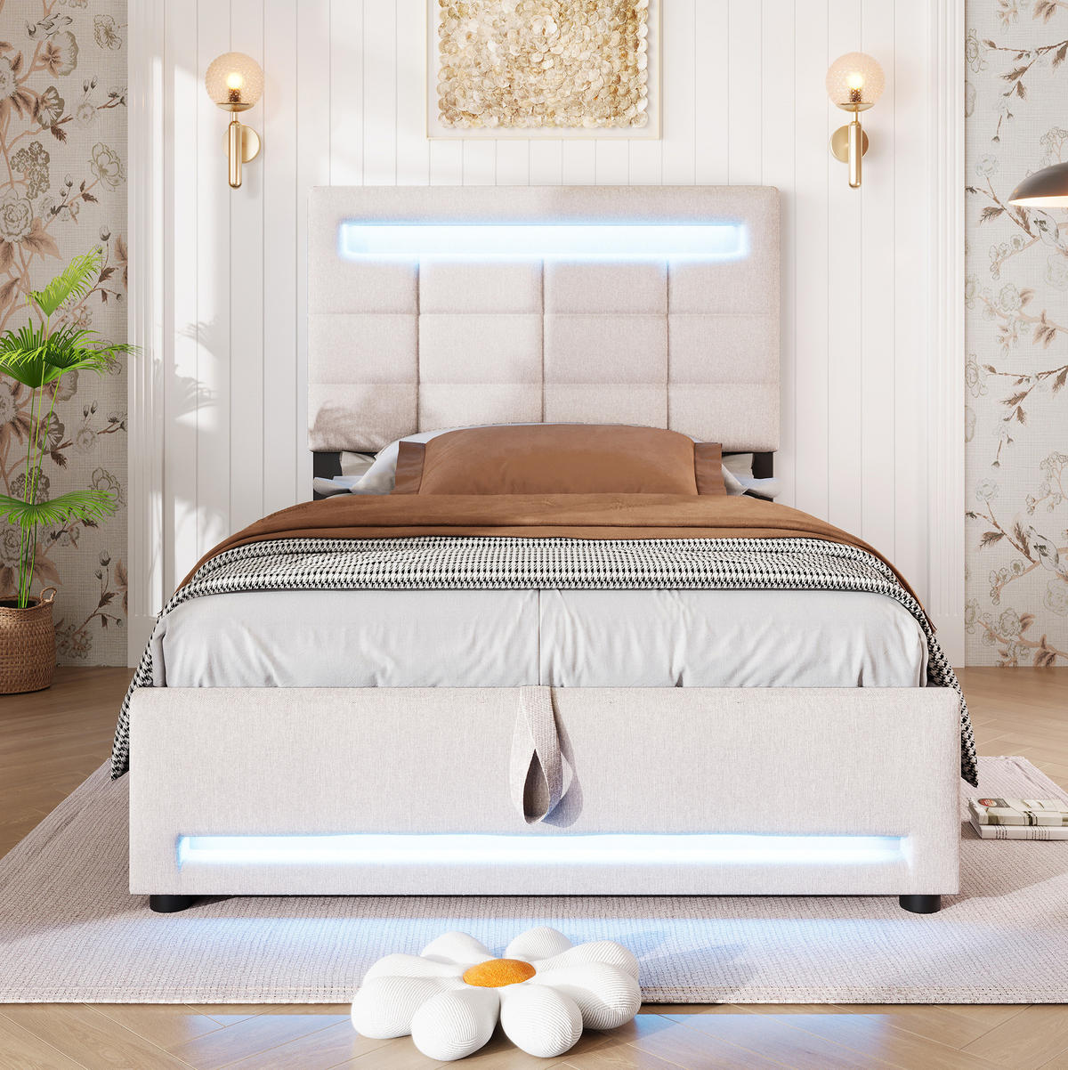 POLSTERBETT 90/200 cm mit Bettkasten, LED-Beleuchtung und USB in Beige - Beige, Textil (90/200cm) - BEAOK