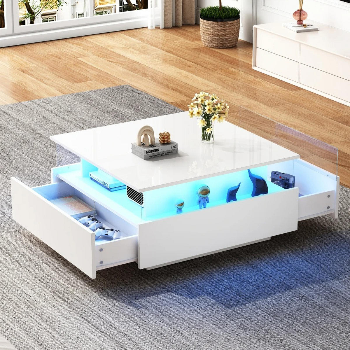 COUCHTISCH, Weiß, Hochglanz-LED, 70 x 70 x 41 cm, mit Schubladen - Weiß, Holzwerkstoff (70/70/41cm) - Kaket