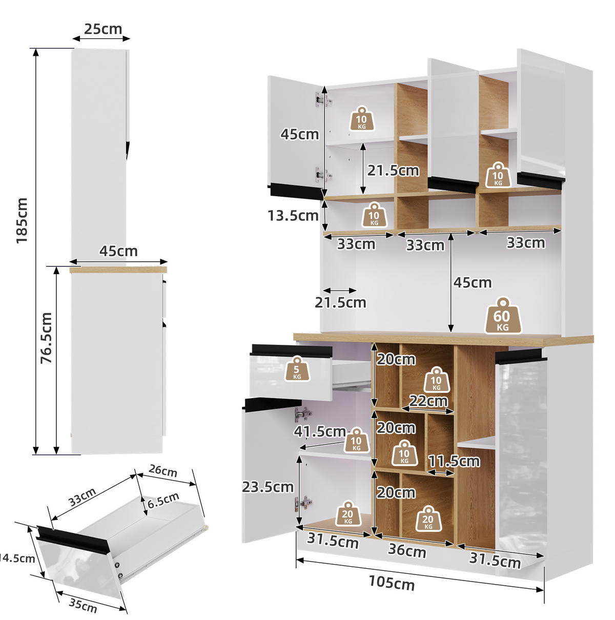 BUFFETSCHRANK aus MDF 105x45x185 cm Weiß mit Hochglanzfronten, Schublade, offenen Fächern und Kippschutz - Weiß, Holzwerkstoff (105/185/45cm) - IVMEU