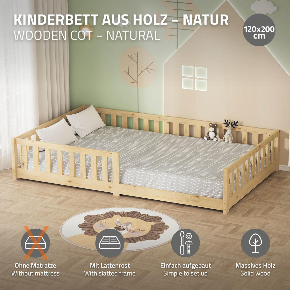 KINDERBETT 120x200 cm Natur aus Kiefernholz - Naturfarben, Holz (200/120cm) - ML-DESIGN