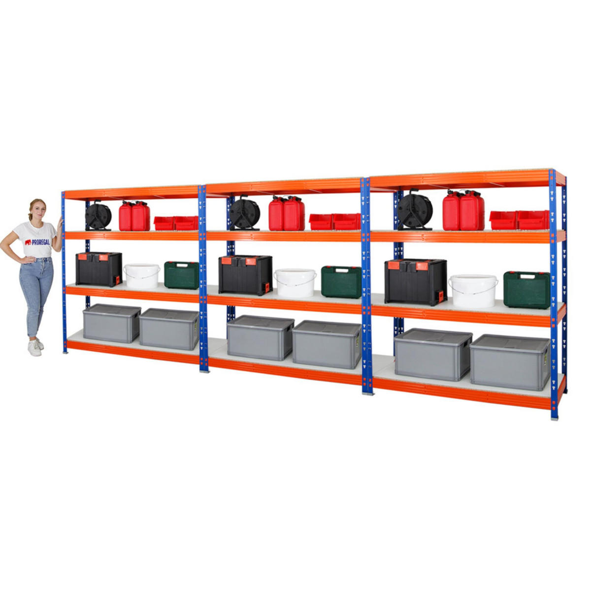 SCHWERLASTREGAL Rhino 3er-Set mit 3x 180x160x60 cm 4 Melamin-Ebenen 16mm Fachlast 500 kg Blau-Orange - Orange, Metall (480/180/60cm) - PROREGAL