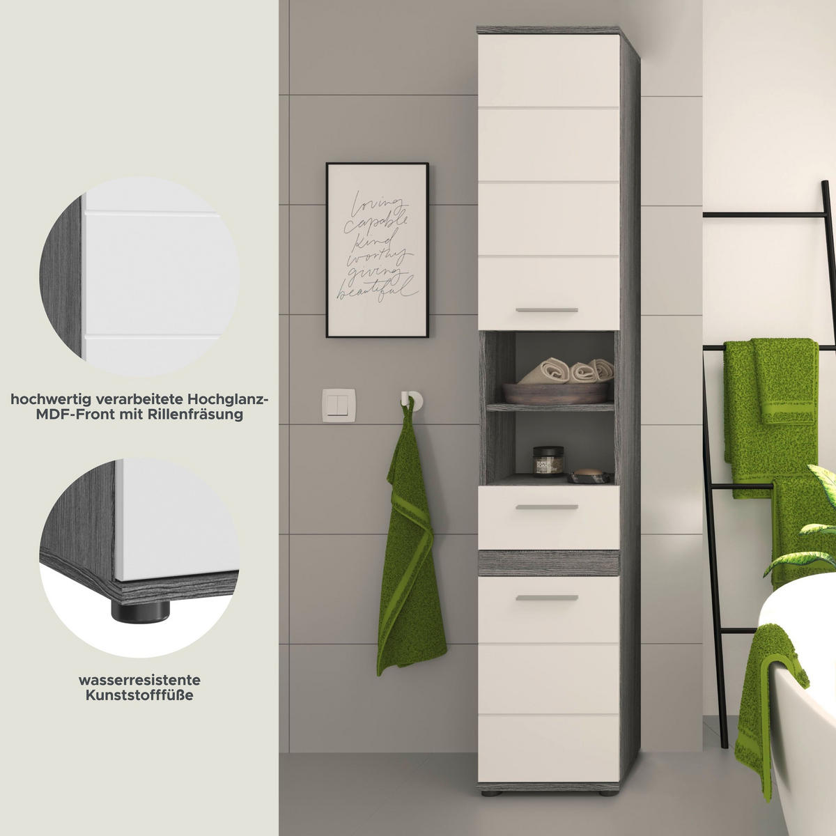 HOCHSCHRANK Blake Bad in Rauchsilber Nachbildung und weiß hochglanz B/H/T: 35x191x31 cm - Silberfarben, Holz (35/191/31cm)