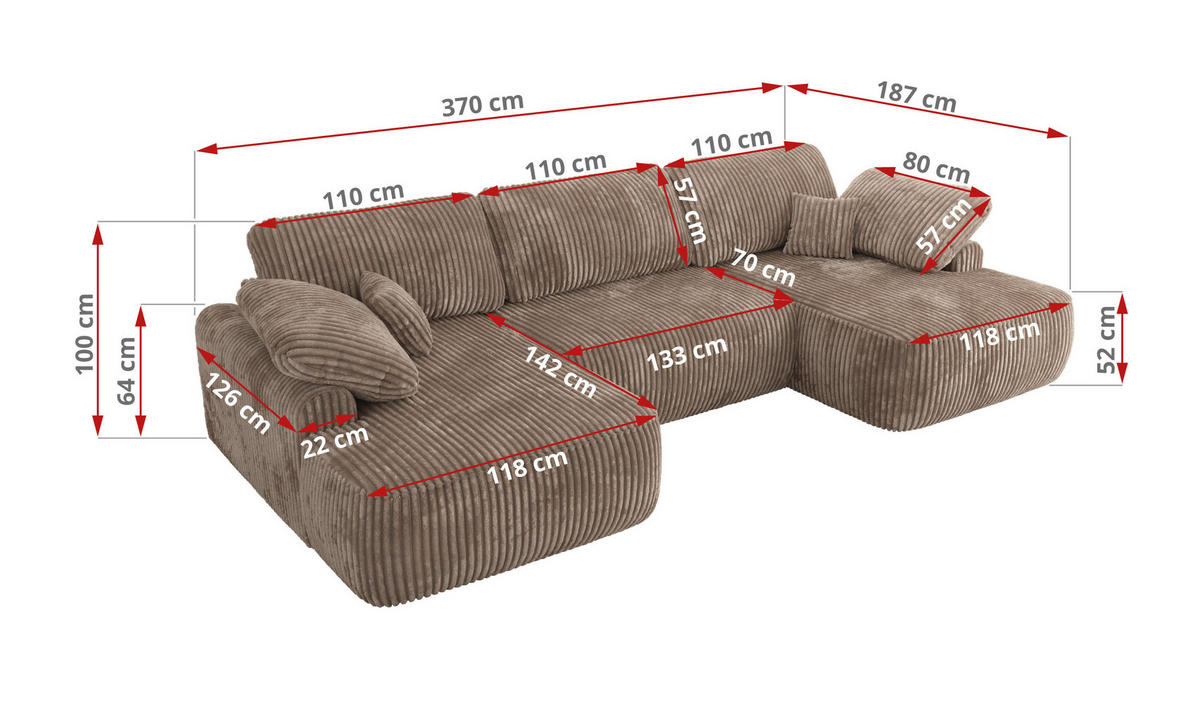 WOHNLANDSCHAFT CUBO U Braun Cord - Schwarz/Braun, Kunststoff/Textil (370/100/187cm) - MKS