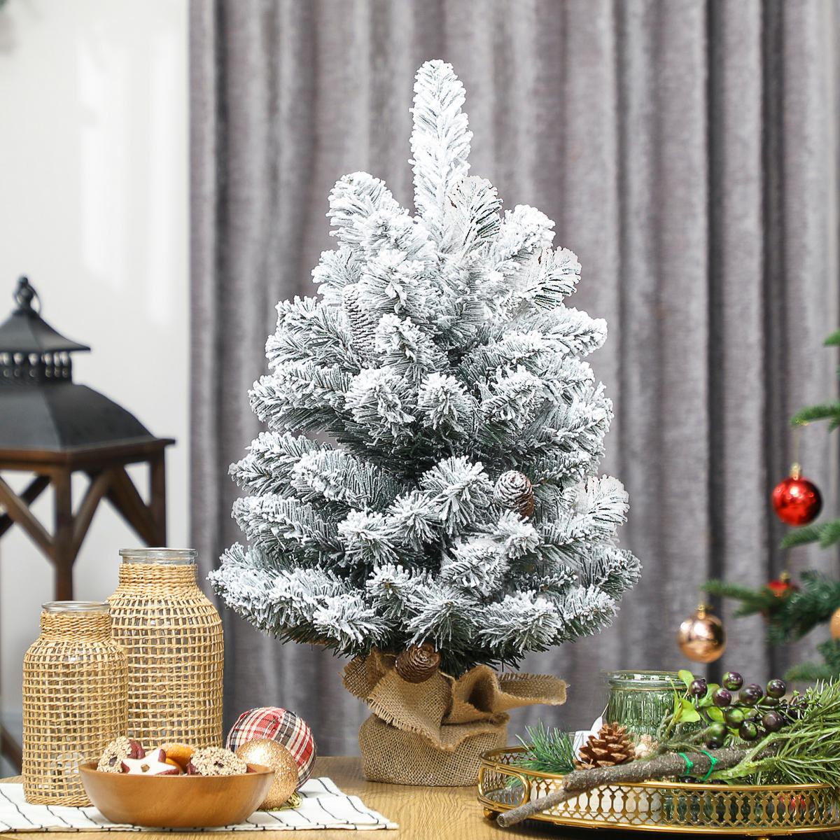 WEIHNACHTSBAUM DE-41557 Mini 60 cm, Schnee, 6 Zapfen - Weiß/Grün, Kunststoff (60cm) - ComfortXL