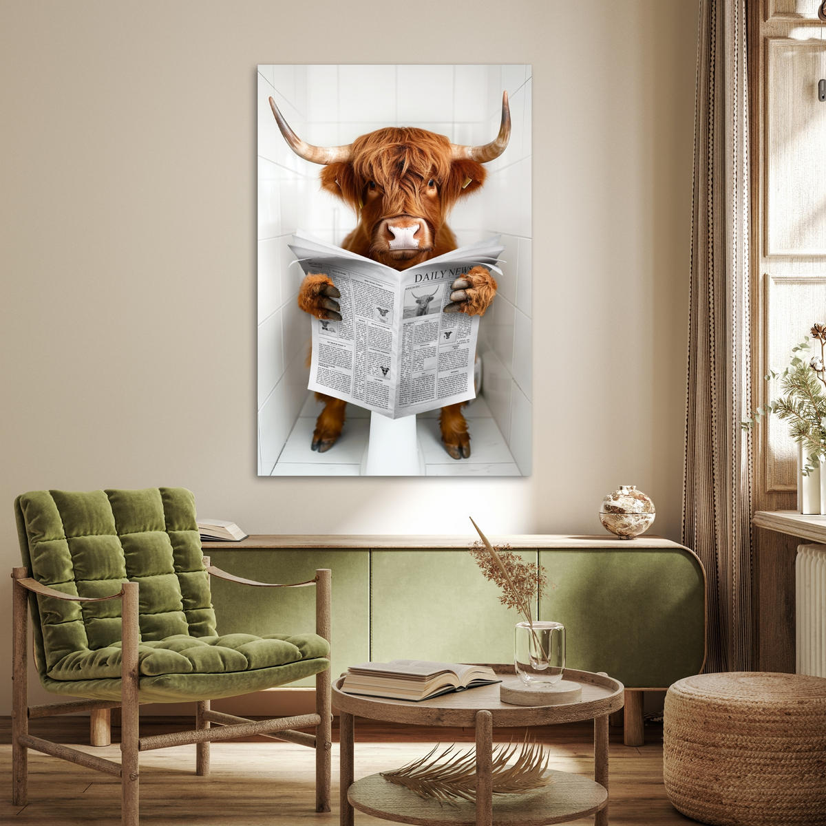 POSTER Schottisches Hochlandrind - Tier - Zeitung - Toilette 80x120 cm - Kastanienfarben, Papier (80/120/0.1cm) - MuchoWow