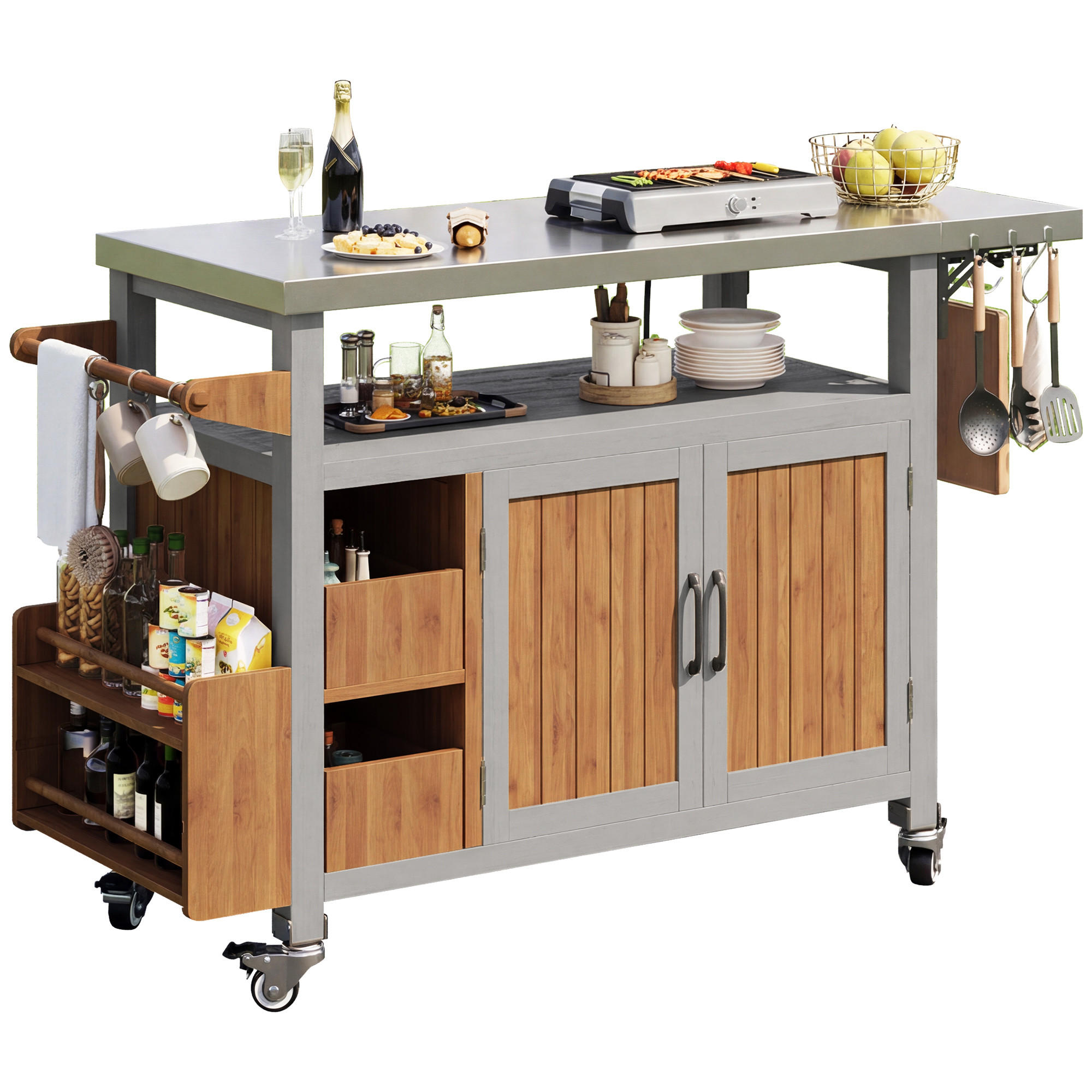 SERVIERWAGEN Massivholz/Edelstahl - Naturfarben, Metall (47/92/138cm) - ComfortXL