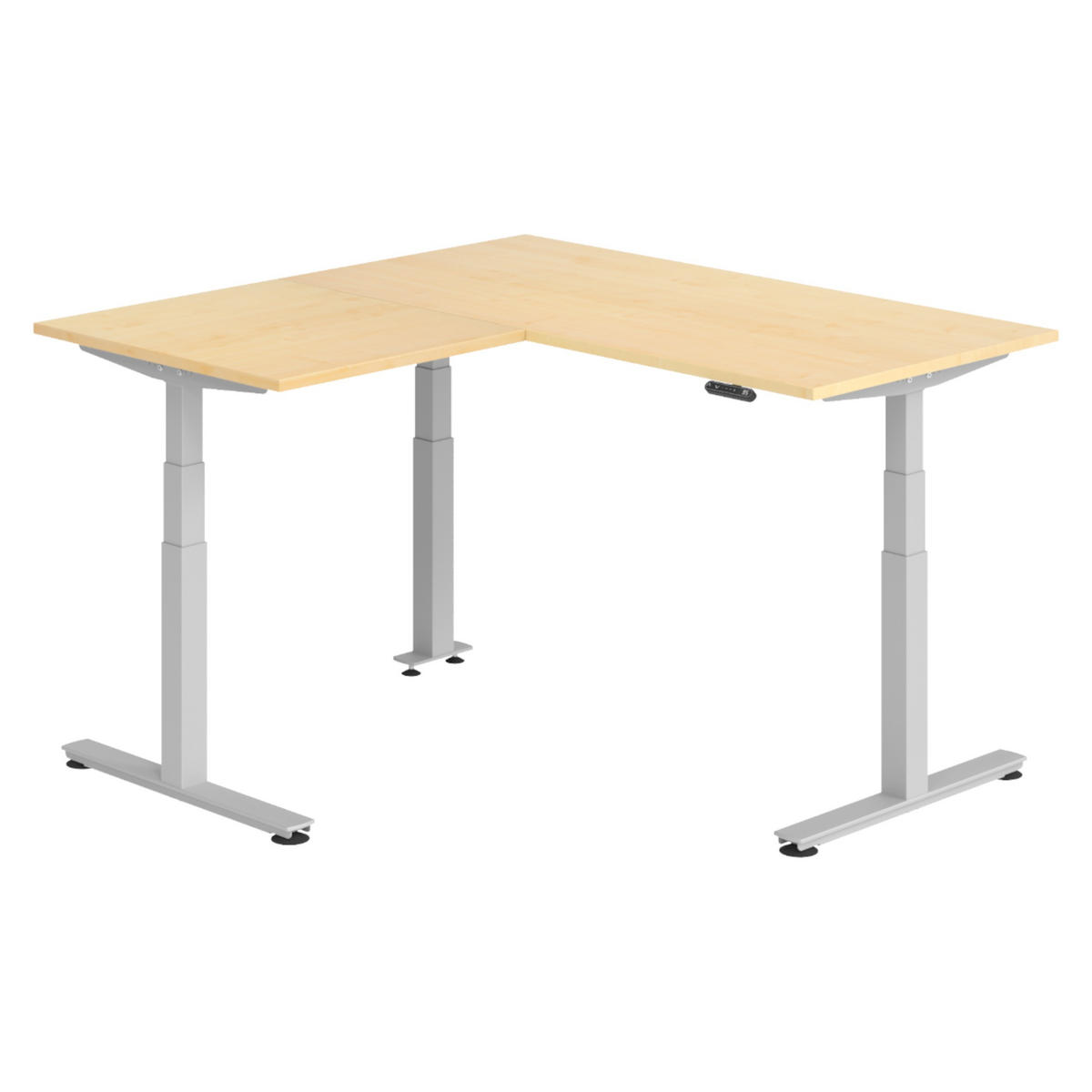 ECKSCHREIBTISCH elektrisch höhenverstellbar L-Form 160/160/74 cm in Ahornfarben/Silberfarben - Silberfarben/Ahornfarben, Holzwerkstoff (160/160/74cm) - bümö