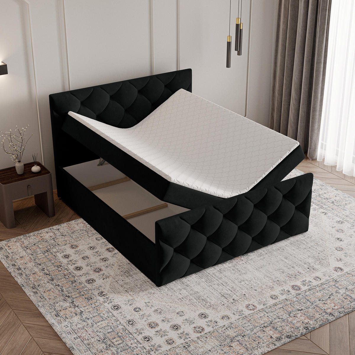 BOXBETT ROVARI 140x200 cm mit Matratze und Topper - Schwarz - Schwarz, Holz (140/200cm) - MASSENO
