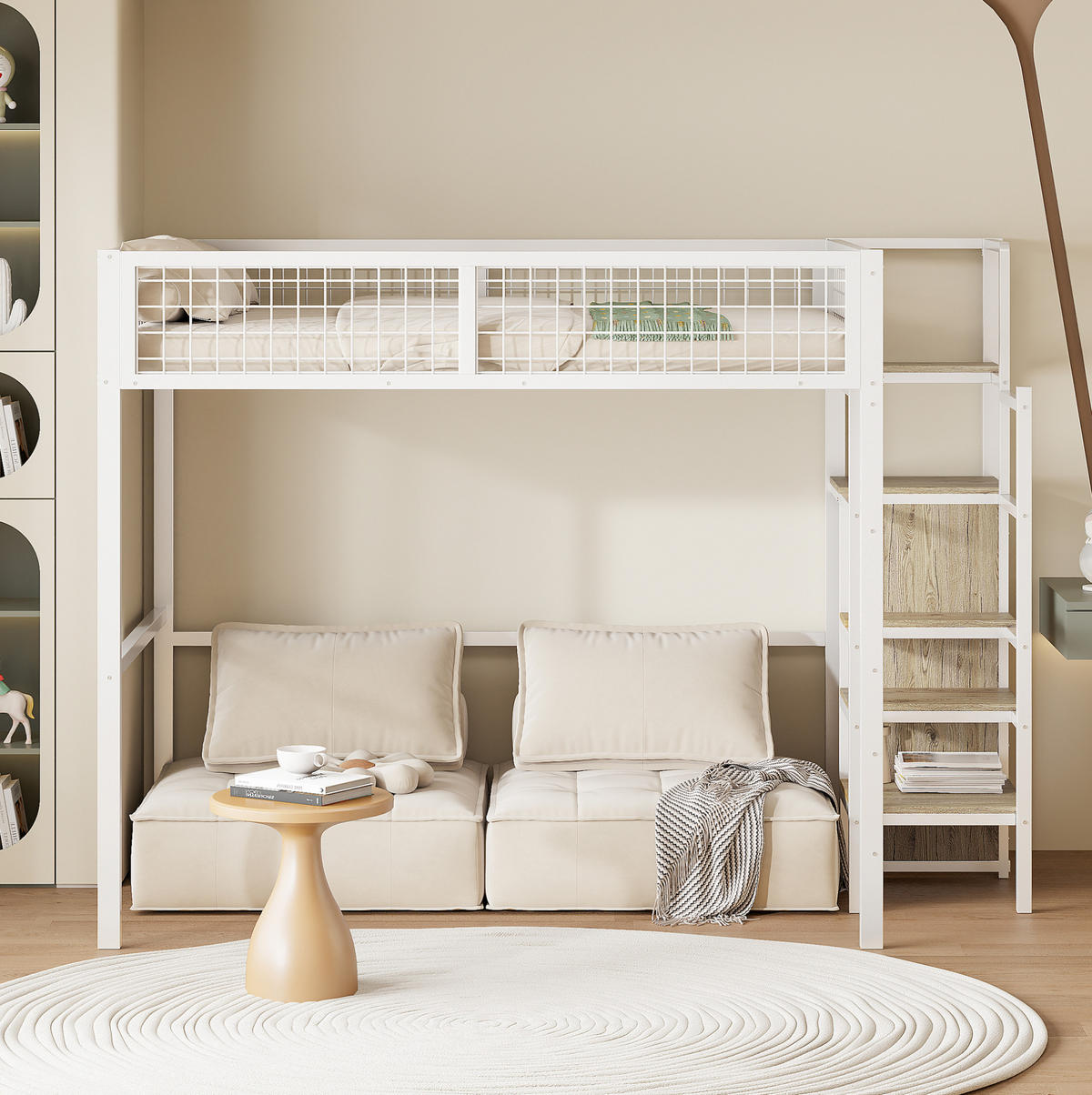 HOCHBETT 140/200 cm Weiß mit Leiter, Kleiderschrank und Regal - Weiß, Metall (140/200cm) - Flora Grace