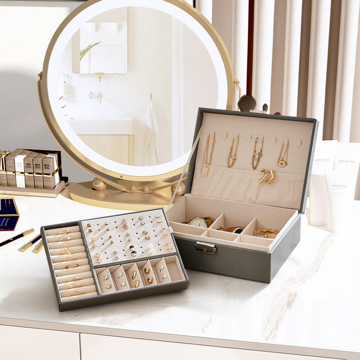 SCHMUCKKÄSTCHEN 23/17/9 cm Zweistöckig Schloss PU-Leder Samtfutter Grau - Grau, Leder/Textil (23/9/17cm) - Livingandhome