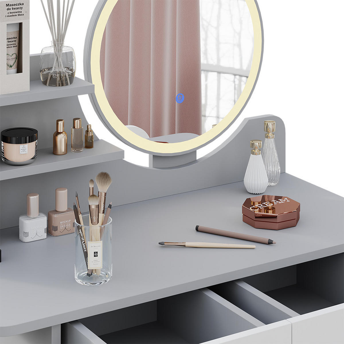SCHMINKTISCH Edda Grau 80 cm mit LED Beleuchtung und Hocker - Grau, Holzwerkstoff (80/121/40cm) - Vicco