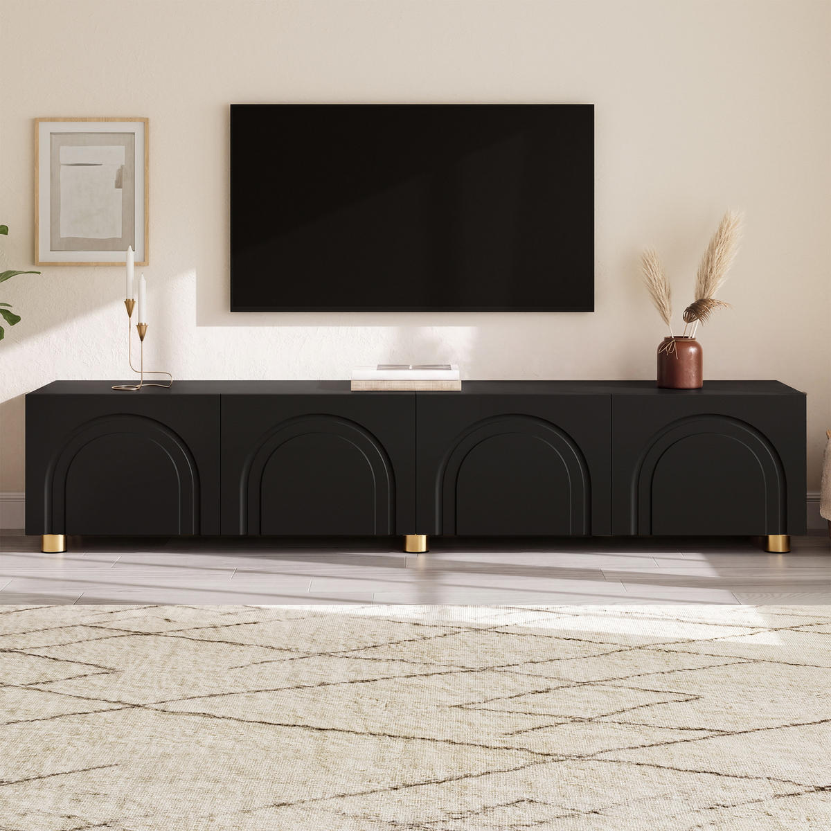 TV-SCHRANK Lowboard 4 Türen Bogenrelief Metallfüße modern - Schwarz, Holzwerkstoff (35/40/180cm) - FLIEKS