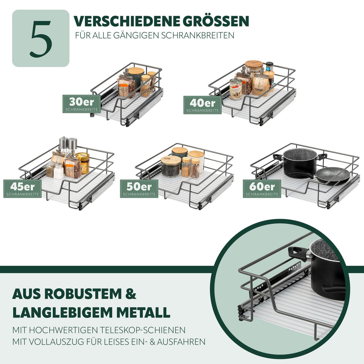 TELESKOPSCHUBLADE 60 cm Breite, mit Einlegeboden, Küchenschublade, grau - Grau, Metall (57/15/44cm) - bremermann