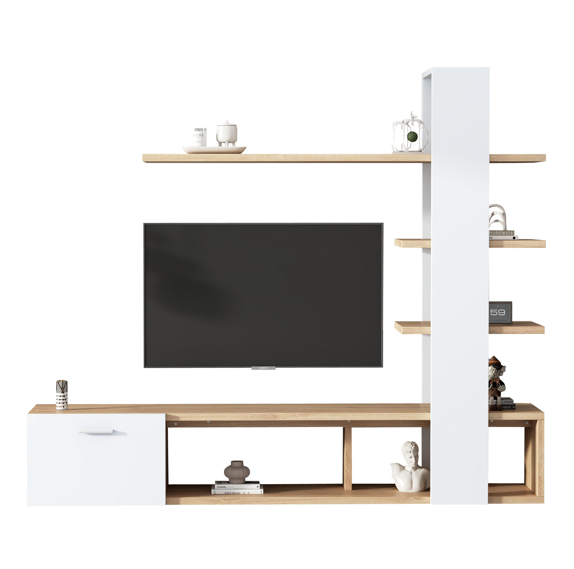 TV-WANDSCHRANK mit Regalen 180 x 33,5 x 151,5 cm Weiß/Wood - Weiß, Holzwerkstoff (33.5/151.5/180cm) - Beauniv