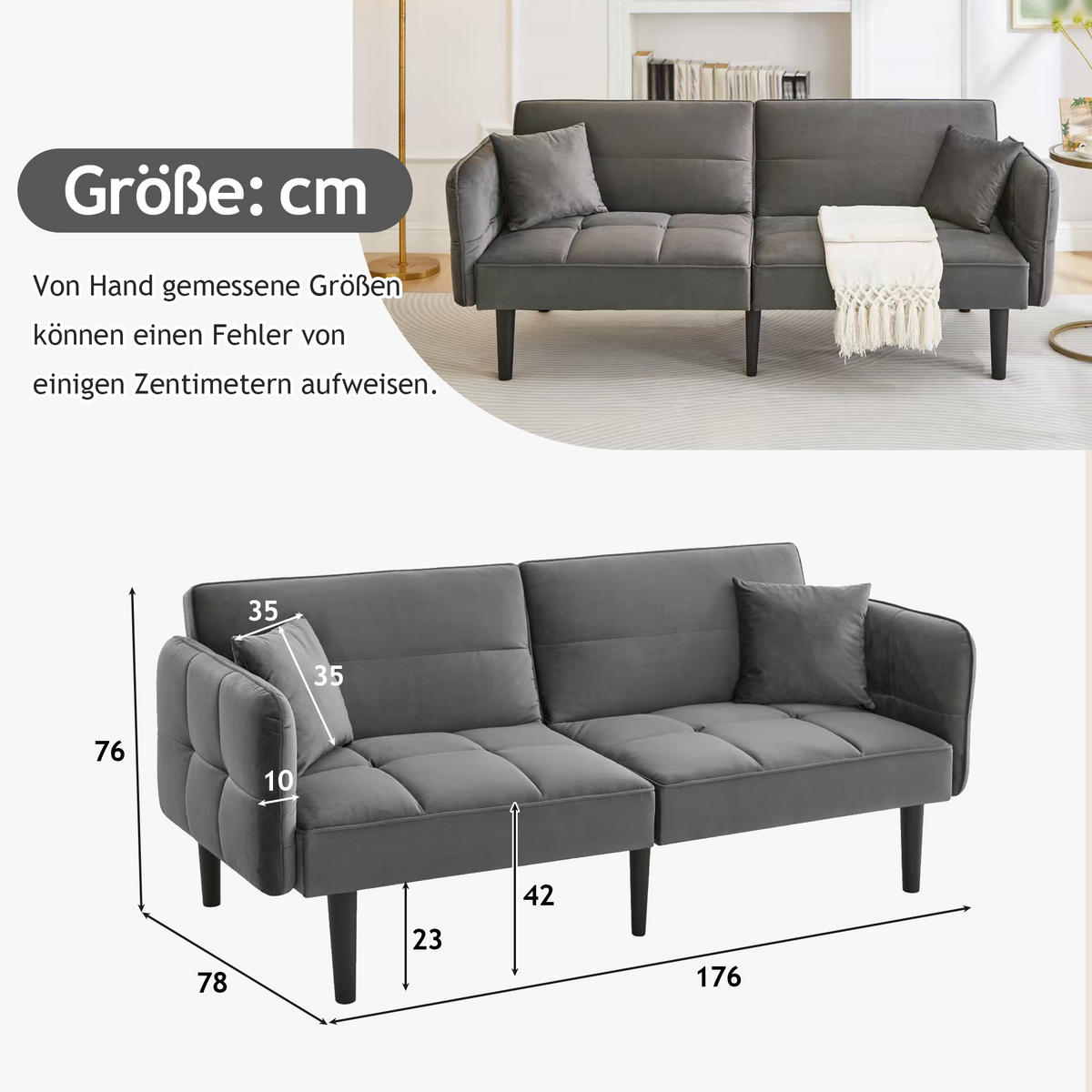 SCHLAFSOFA Samtbezug mit verstellbaren Rückenlehnen und klappbaren Armlehnen Antikgrau 176/78/76 cm - Grau, Textil (78/76/176cm) - Redom