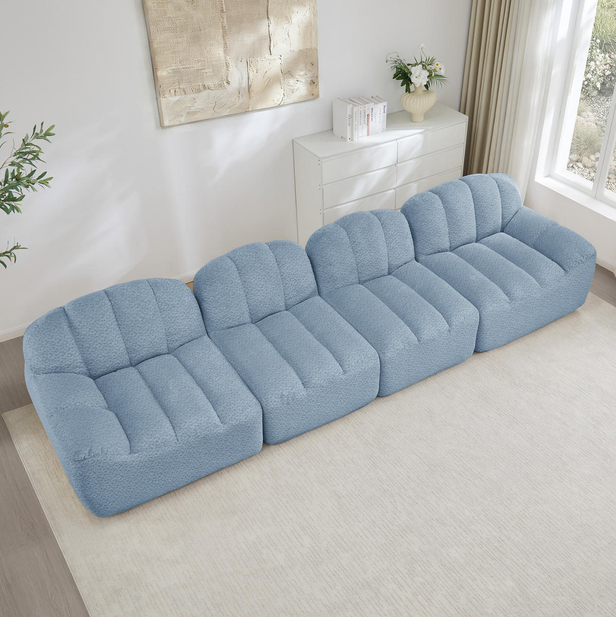 MODULARES 4-Sitzer-Sofa aus granuliertem Fleece mit ergonomischer Muschelform Blau - Blau, Textil (104/79/366cm) - Modenvie